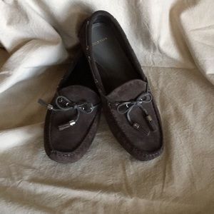 Cole Haan shoes. Dark taupe suede driving shoes. Gray leather tassels. Size 9.5